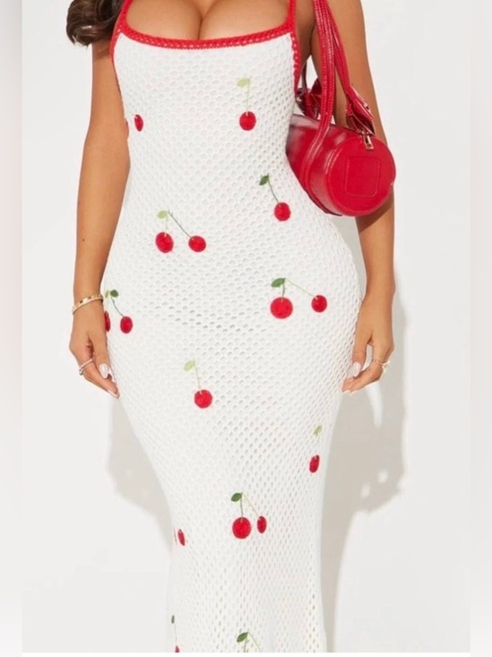 Fashion Nova Dresses & Skirts - Fashion Nova White Crochet Maxi Dress with Red Cherry Accents